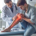 Young football player holding injured knee after ACL tear during sports activity