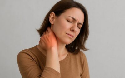 Office worker experiencing neck and shoulder pain while working on a laptop due to poor posture and prolonged screen time