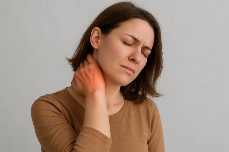 Office worker experiencing neck and shoulder pain while working on a laptop due to poor posture and prolonged screen time