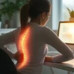 Office professional suffering from lower back pain after long working hours while sitting at a desk.
