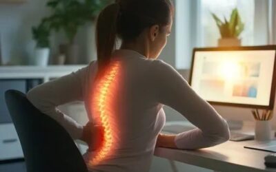 Office professional suffering from lower back pain after long working hours while sitting at a desk.