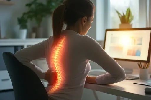 Office professional suffering from lower back pain after long working hours while sitting at a desk.
