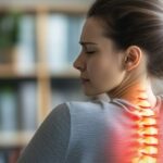 Office professional experiencing severe lower back pain while sitting at a desk due to underlying spine problems.