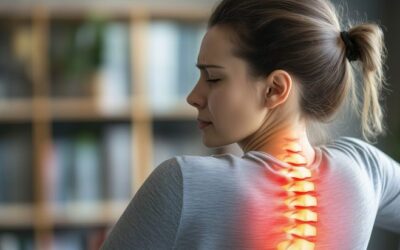 Office professional experiencing severe lower back pain while sitting at a desk due to underlying spine problems.