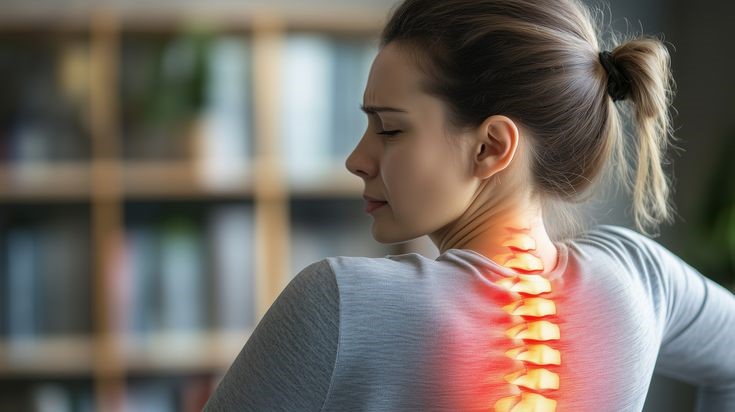 Office professional experiencing severe lower back pain while sitting at a desk due to underlying spine problems.