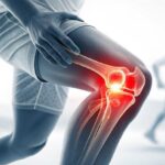 Middle-aged woman experiencing knee pain while standing up from a chair due to reduced joint mobility