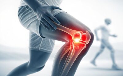 Middle-aged woman experiencing knee pain while standing up from a chair due to reduced joint mobility