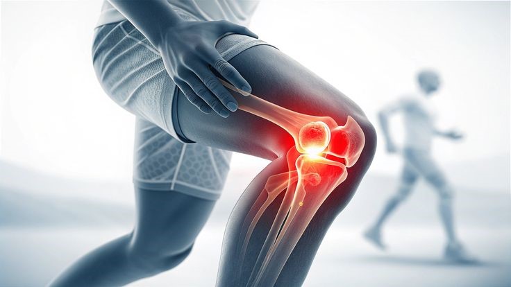 Middle-aged woman experiencing knee pain while standing up from a chair due to reduced joint mobility