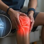 Middle-aged woman experiencing chronic joint pain in her knees while standing at home, affecting mobility and daily activities