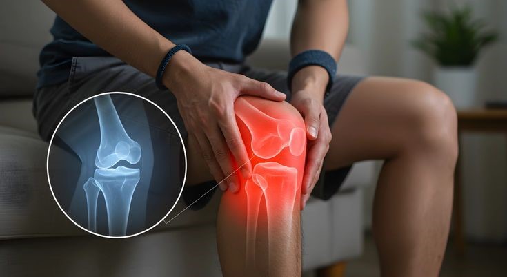 Middle-aged woman experiencing chronic joint pain in her knees while standing at home, affecting mobility and daily activities